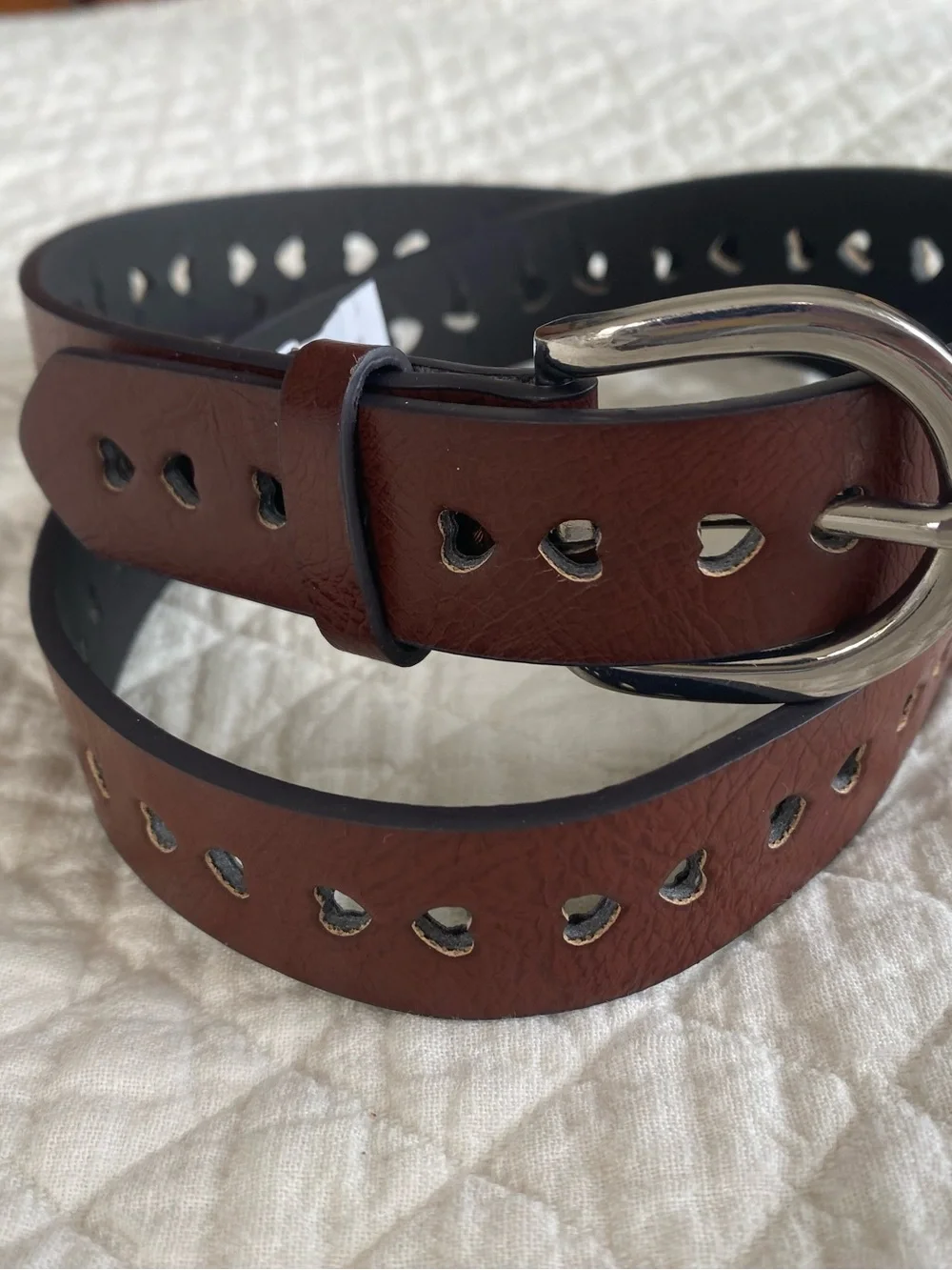 Romantic Coquette Preppy Brown Faux Leather Belt Punched Cut-Out Hearts Small